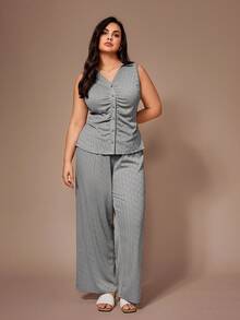 Lazeform Women's Casual Solid Color Jacquard Knit Collared Sleeveless Pleated Cardigan & Pants Plus Size Pajama Set - Grey - View 4