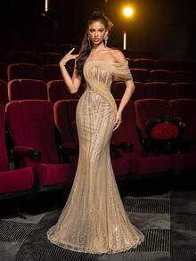Glamrae 优雅、奢华、迷人的露肩亮片美人鱼连衣裙，适合婚礼、派对、度假、庆典、正式活动（重度装饰） - 香檳色 - 查看 5