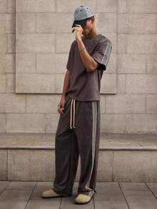 SWAVVY Men Casual T-Shirt And Pants Set With Ribbon Patchwork, Summer, Fall Clothes