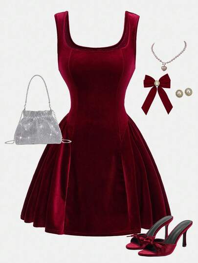 Girlism Vestido de línea A con cuello redondo y dobladillo plisado sin mangas para adolescentes, de tela sólida con textura y alta elasticidad, elegante y exquisito, adecuado para fiestas, exteriores, y apto para primavera, verano, otoño e invierno, terciopelo