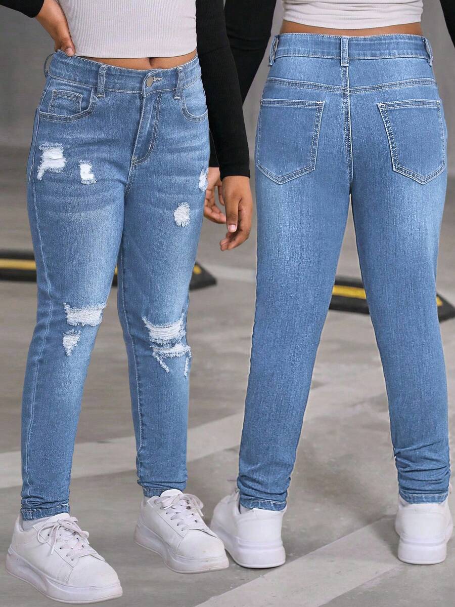 SHEIN Sparklyn Young Girl Medium Wash Blue Distressed Jeans, Fashionable Fall Winter - Medium Wash - View 1