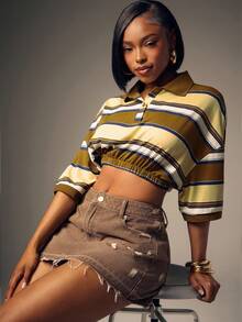 Cropped Cinched Waist Striped Polo Shirt - Olive Green - View 4