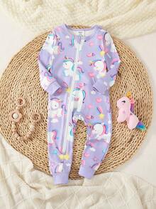 Infant & Baby Girl Elegant Floral Print Long Sleeve Jumpsuit, Comfortable & Stylish Loungewear Snug Fit Baby Casual Zipper Jumpsuit With Zipper For Baby Baby Girl Pajamas Zipper Unicorn Baby Clothes - Purple - View 1
