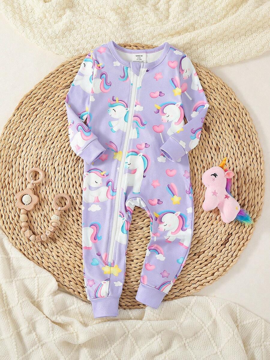 Infant & Baby Girl Elegant Floral Print Long Sleeve Jumpsuit, Comfortable & Stylish Loungewear Snug Fit Baby Casual Zipper Jumpsuit With Zipper For Baby Baby Girl Pajamas Zipper Unicorn Baby Clothes - Purple - View 1