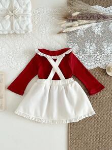 SHEIN 2 件套秋季女童休闲学院风套装、娃娃装上衣和连衣裙冬季 - 酒紅色 - 查看 2