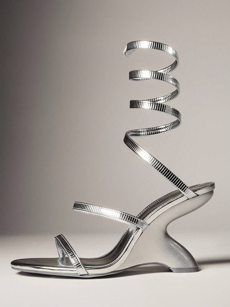 SHUZIA Women Gemstone Cross Ankle Strapped Chic Party Casual Sexy Elegant Chrome High Heeled Sandals