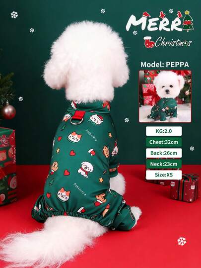 PETSIN 1 件宠物圣诞树印花四脚连体衣，印有圣诞元素，绿色圣诞装，舒适家居服，猫/狗圣诞礼物
