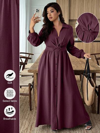 Breezaya Plus Size Women Casual Solid Color Waist Cinched Long Sleeve Dress