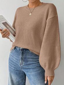 EMERY ROSE Loose Round-Neck Lantern Sleeveharmony Drop Shoulderknitted Sweater - Apricot - View 6