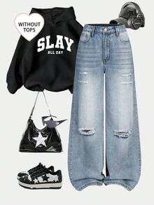 Sparklyn 少女破洞宽松阔腿休闲复古蓝色牛仔裤 - 藍色 - 查看 1