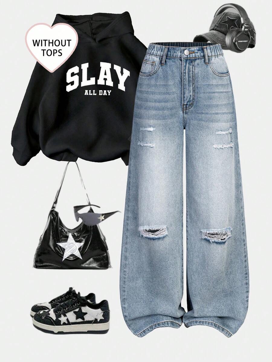 Sparklyn 少女破洞宽松阔腿休闲复古蓝色牛仔裤 - 藍色 - 查看 1