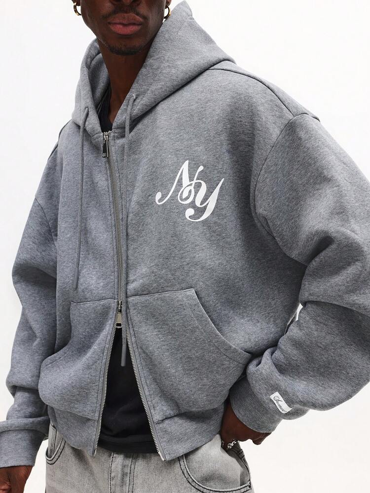 Full Zip Hoodie With Ny Script Print And Drawstring