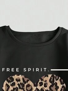 EMERY ROSE Leopard Print Heart "Kind Heart" Themed Printed Casual Enhanced Sweatshirt - Black - View 3