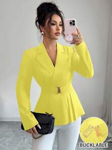 GlowEve Áo khoác blazer cổ ve xanh huỳnh quang thanh lịch, sang trọng, đi làm, đi chơi, có thắt lưng - Màu vàng - Xem 6