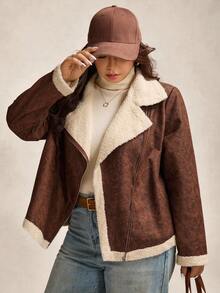 Zelara 加大码女式摩托车风格拉链休闲夹克，秋冬女式棕色夹克仿麂皮夹克羊羔绒夹克女式外套女式秋季夹克女式秋季服装女式西部服装女式夹克 - 卡其色 - 查看 3