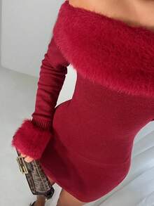 SHEIN TRNDY 1pc Women's Burgundy Christmas Sweater Dress, Elegant Off Shoulder Faux Fur Design Waist Cinched Knitted Dress, Autumn/Winter - Burgundy - View 4