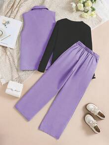 SHEIN 3件套青少年女孩无袖西装外套、T恤和裤子套装