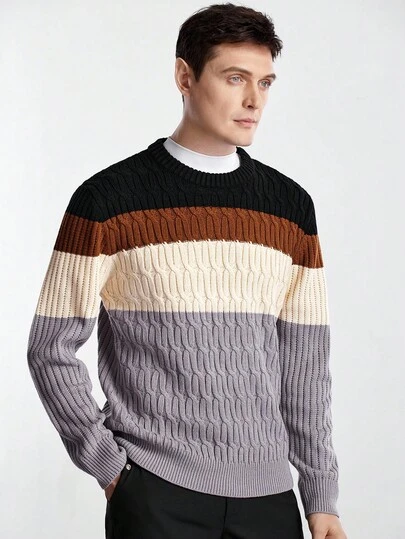 Manfinity CityGents Suéter de manga larga con estampado de jacquard de color contrastante, ropa de hombre, tejido de cachemira, jersey de punto para hombre, otoño/invierno