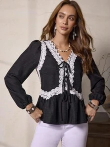 LanaWest Women's Bohemian Style Black V-Neck Lace Patchwork Unique Design Front Tie Decor Loose Cuff Long Sleeve Blouse - Black - View 3