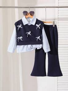 Elladie kids 3件套女童休闲条纹衬衫+爱心印花背心+裤子套装，秋冬季女童校服套装，适合年轻女孩，海军蓝学院风童装 - 藏蓝色 - 查看 3