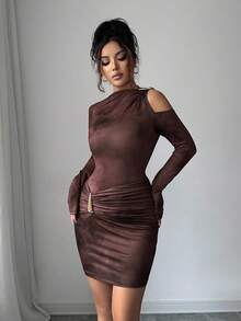 Chiquease Elegant Coffee Brown Bodycon Dress For Women,Autumn Seksi Chic Night Club Ombre Print Knit Cutout Turtleneck Long Sleeve Shiny Metal Dress - Brown - View 5