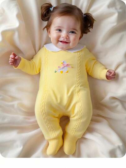 SHEIN 新生女婴可爱针织拼布彼得潘领蝴蝶结长袖毛衣连体衣，秋冬