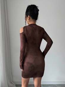 Chiquease Elegant Coffee Brown Bodycon Dress For Women,Autumn Seksi Chic Night Club Ombre Print Knit Cutout Turtleneck Long Sleeve Shiny Metal Dress - Brown - View 2