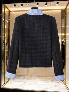 SHEIN Franclia Navy Blue Tweed Patchwork Plaid Jacket, Open Front, Metal Buttons - Navy Blue - View 2