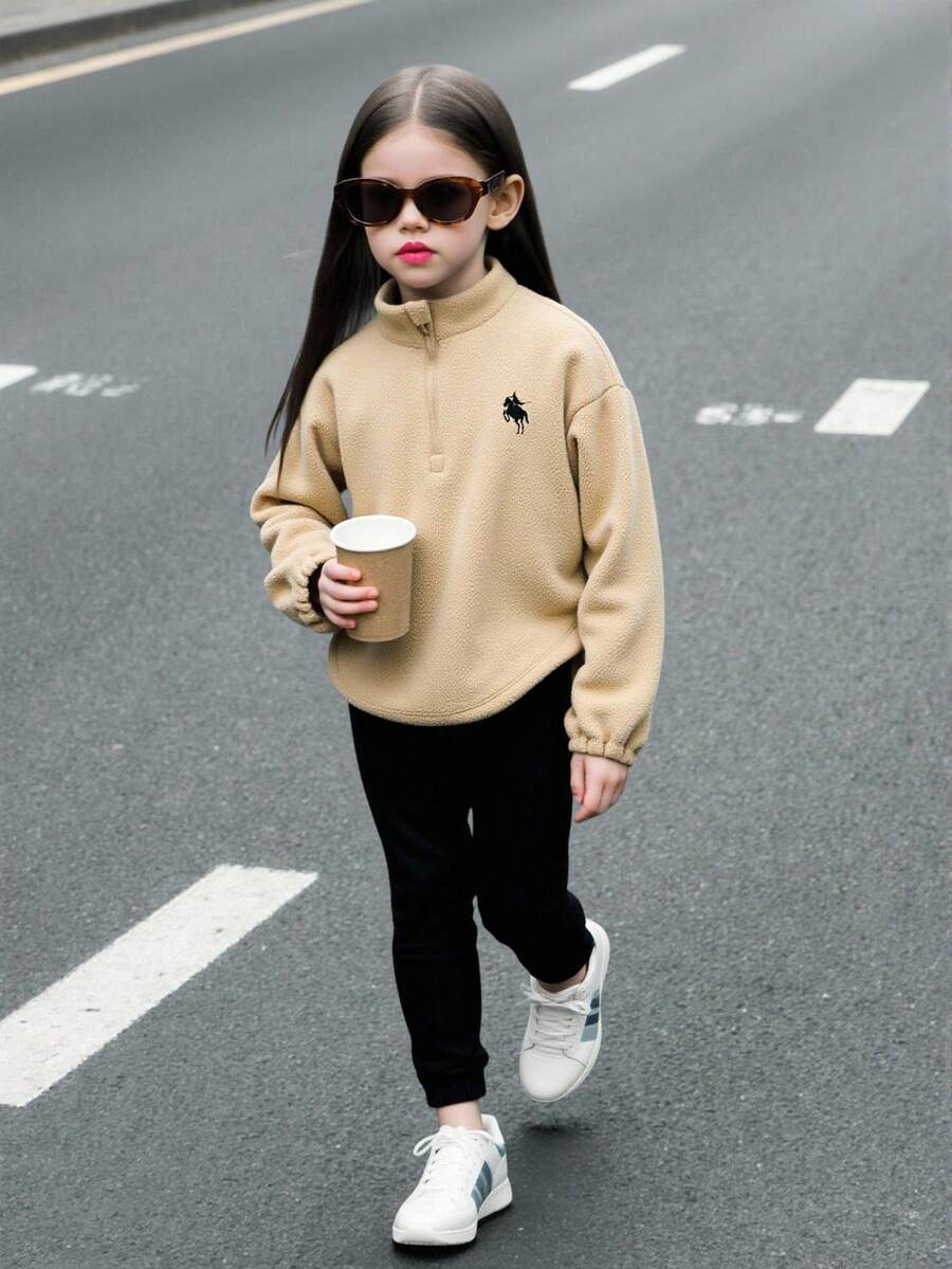Genkimix Kids 4-7歲女童保暖內裡連帽外套與緊身褲2件套,極簡拉鍊運動衫搭配純色針織緊身褲,適合返校、秋季、學校穿著 - 彩色 - 查看 1