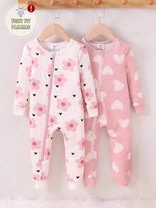 2pcs Baby Girls' Floral Print Long Sleeve Jumpsuit & Bodysuit Set, Snug Fit Baby Casual Zipper Romper Baby Girl Pajamas Zipper Baby Girl Sleep Wear - Pink - View 3