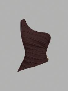 Sweetra Sexy Outfit - Asymmetrical Shoulder Top + Peplum Mini Skirt - Coffee Brown - View 4