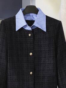 SHEIN Franclia Navy Blue Tweed Patchwork Plaid Jacket, Open Front, Metal Buttons - Navy Blue - View 3