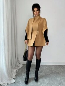 Elenzga 女士时尚卡其色斗篷披肩围巾腰带装饰夹克 - 卡其色 - 查看 6