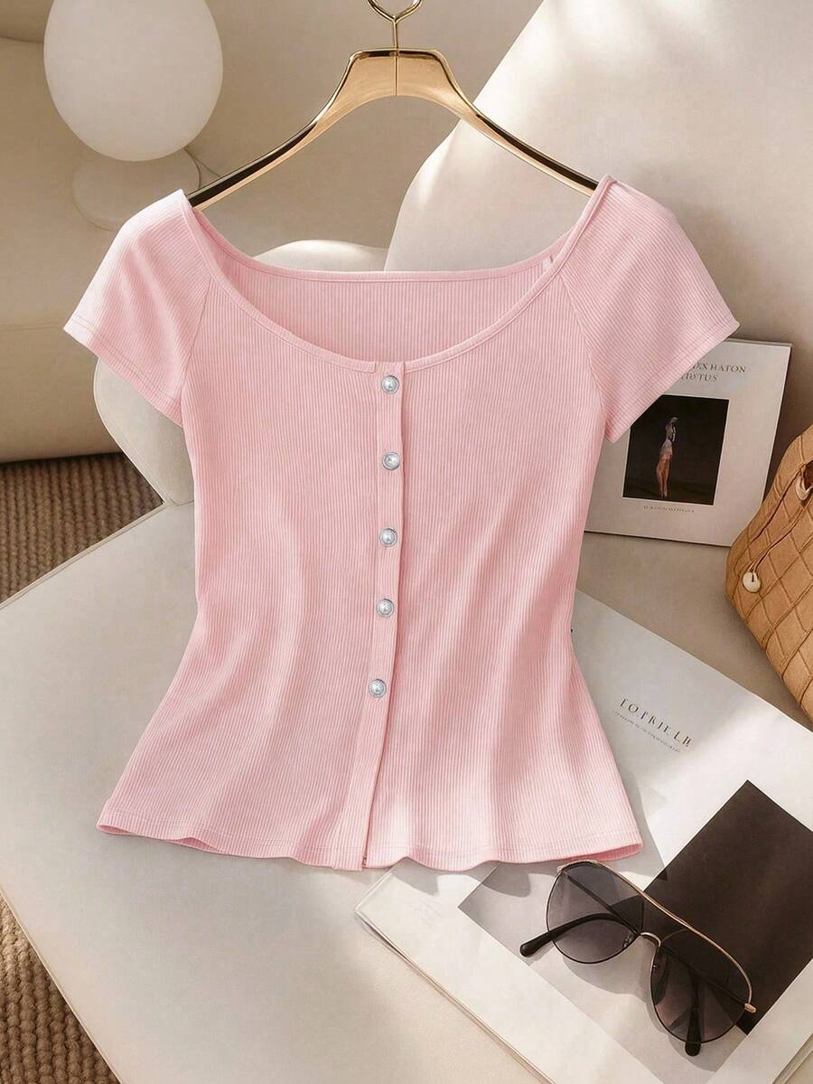 GlowEve CURVE Plus Size Sweet And Warm Pink Front Button Ribbed Short Sleeve T-Shirt - Pink - View 1