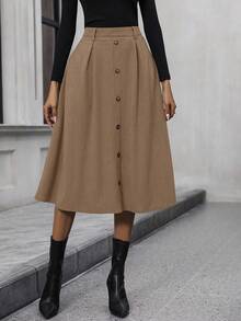 SHEIN LUNE Button Front Flare Skirt Without Belt - Mocha Brown - View 3
