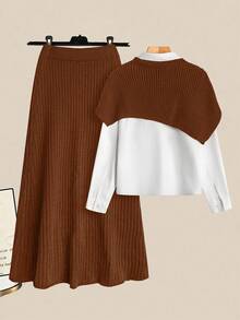 GlowEve 2pcs Women Solid Color Ribbed Knit Asymmetric Hem Top And Slit Skirt Set - Rust Brown - View 2