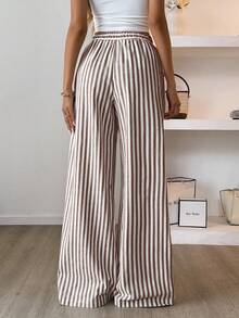 SHEIN Unity 棉质条纹阔腿裤，低腰宽松版型，优雅舒适，适合通勤、休闲、海滩 - 棕色 - 查看 2