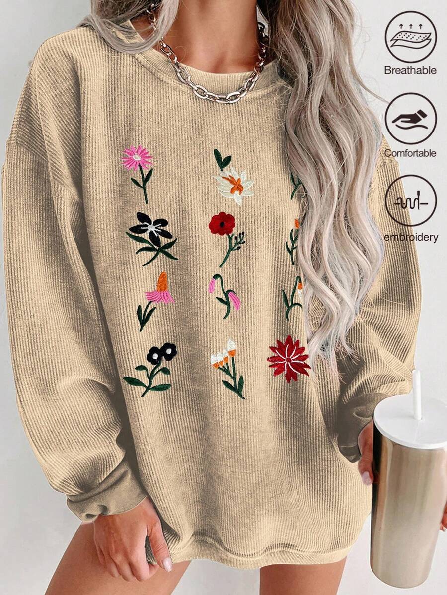 EMERY ROSE Áo nỉ dài tay cổ tròn cổ tròn thêu hoa dành cho nữ ngoại cỡ, mùa thu/đông, món quà tuyệt vời cho bạn bè - Màu Khaki - Xem 1
