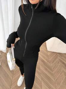 SHEIN EZwear Bộ 3 áo khoác len dệt kim thêu chữ phong cách thể thao thường ngày có khóa kéo + áo hai dây + quần dài Bộ đồ thể thao lót nhiệt, thích hợp cho mùa thu/đông, mùa thể thao, yoga, khiêu vũ - màu đen - Xem 6