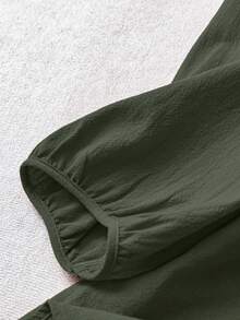 SHEIN LUNE CURVE 女式 V 领刺绣 3/4 袖亚麻衬衫，宽松夏季上衣 - 軍綠色 - 查看 5