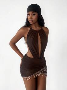 Amplova Mesh Draped Neck Vintage Tassel Beaded Decor Bodycon Mini Dress - Brown - View 8