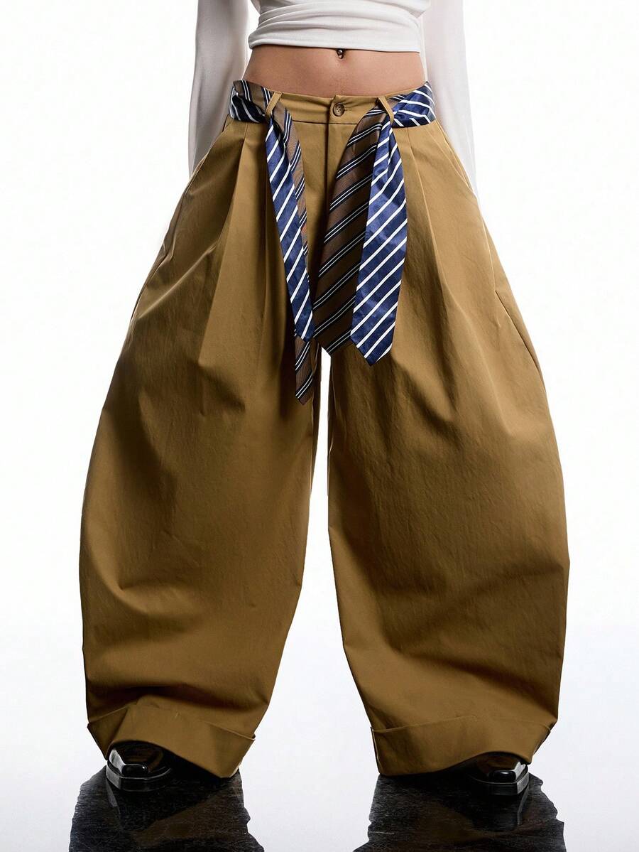 LYSMO Quần dài xếp ly rộng rãi, màu trơn, mặc hàng ngày cho nữ, mùa thu - Màu Khaki - Xem 1