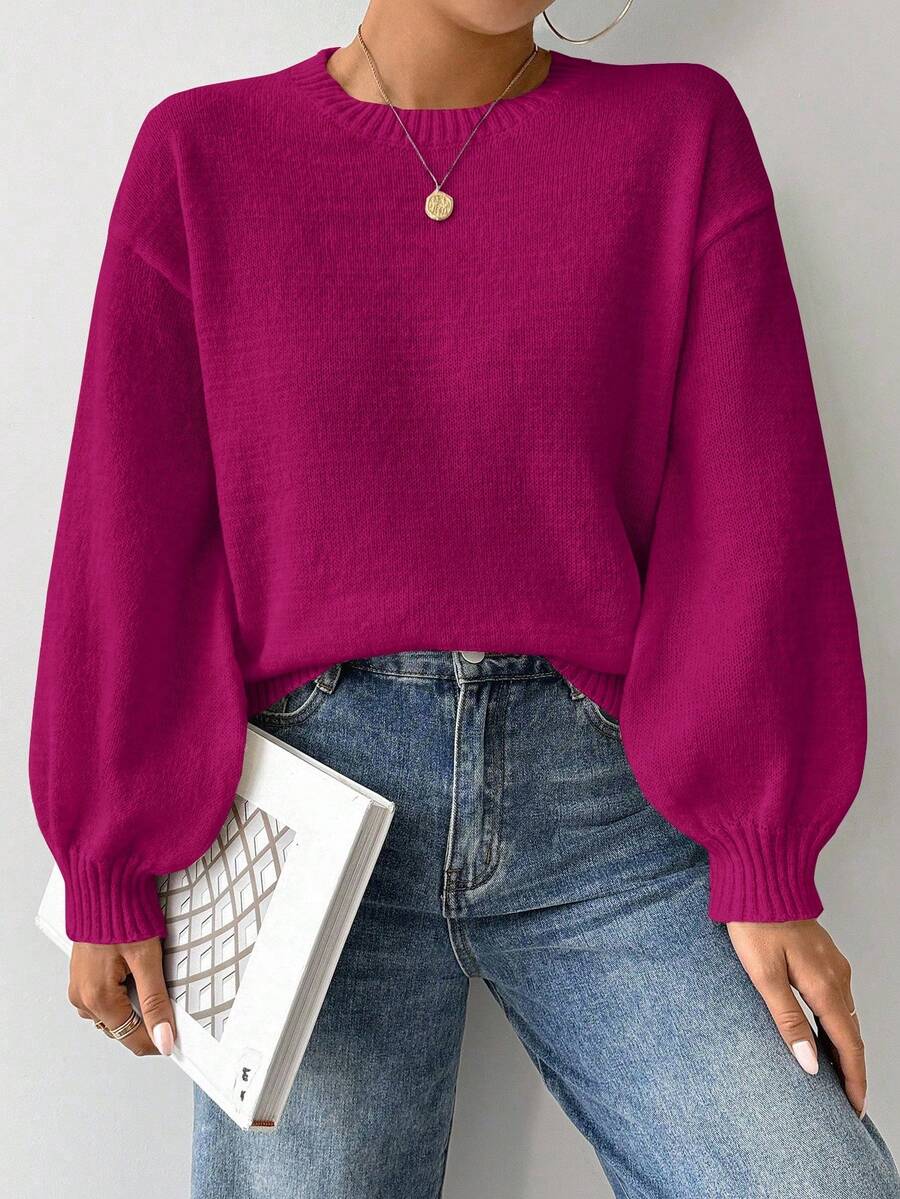 SHEIN LUNE 宽松圆领灯笼袖落肩针织毛衣 - Bold Plum - 查看 1