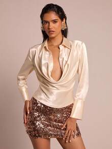 Glamine Women's Champagne Satin Lapel Ladies Shirt, Fashionable Sexy Commuter Versatile Office Party Versatile Shirt, Women's Satin Shirt, Women's Versatile Commuter Shirt, Women's Elegant And Fashionable Tops, Suitable For All OccasionsWomen At WorkVitamin Colorsvintagetrendy Basic AuRetro ChicPale YellowMinimalist Stylegirly AucorporategirliesCool Wear Collectionlean Fit Styleaffordablefashion - Yellow - View 1