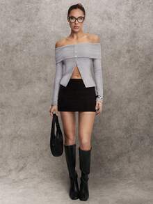 Avenya Grey,Autumn,Chic,Night Out Women's Off Shoulder Folded Button Slit Hem Long Sleeve Top,Imitation Woolen Ribbed Office Siren Minimalist Elegant Top - Grey - View 3