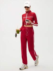 SHEIN Sports 女式撞色边开衩运动裤 - 酒紅色 - 查看 2