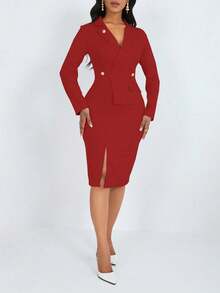 SHEIN Unity Đầm Maxi Nữ Tay Dài Cổ Ve Áo Màu Trơn, Viền Xẻ, Trang Phục Thu Đông Cho Nữ - Màu Đỏ Sâu - Xem 4