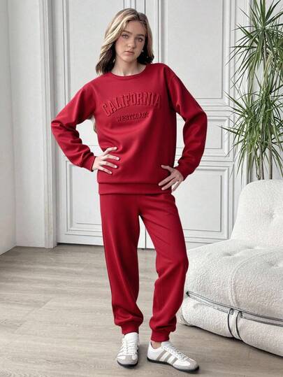 2pcs/Set Casual Commuter Versatile 3D Letter Print Long Sleeve Hoodie And Sweatpants For Teenage Girls