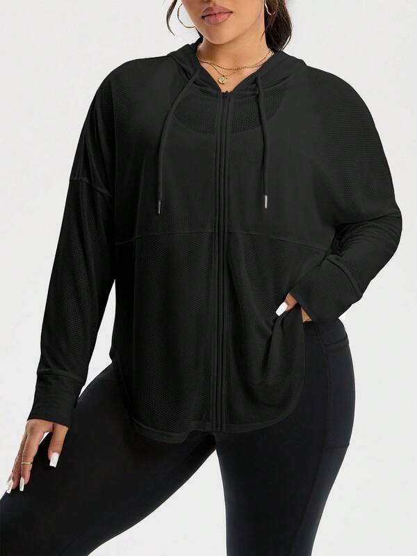 Rhythm Era Plus Size Women's Solid Color Drop Shoulder Long Sleeve Zipper Front Drawstring Hooded Sports Jacket