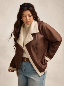 Zelara 加大码女式摩托车风格拉链休闲夹克，秋冬女式棕色夹克仿麂皮夹克羊羔绒夹克女式外套女式秋季夹克女式秋季服装女式西部服装女式夹克 - 卡其色 - 查看 9